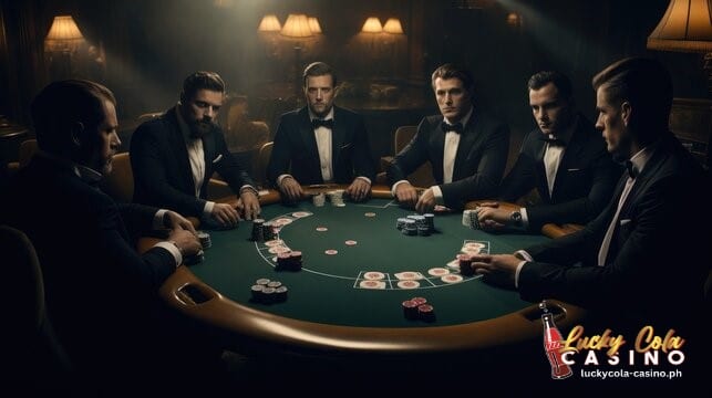 a group of casino players playing poker in a poker table with their bets and cards