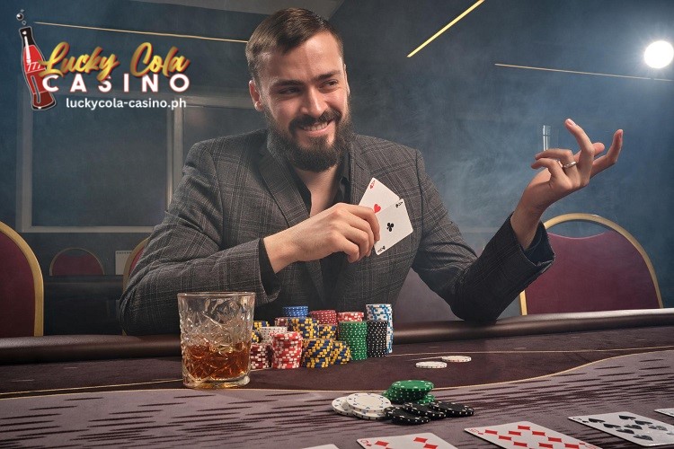 a man playing poker showing his cards and his bets